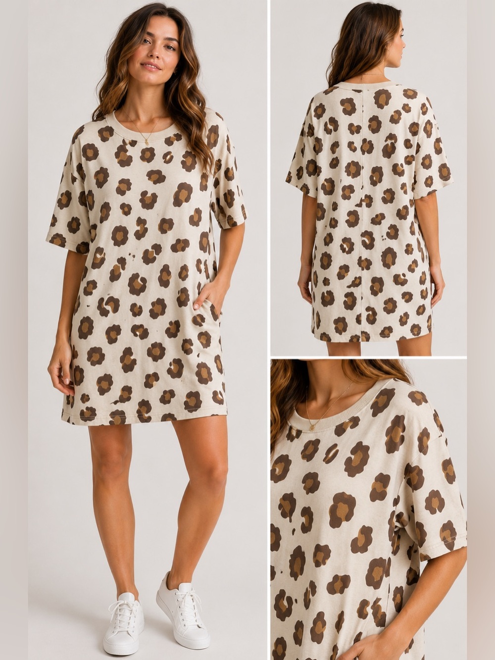 Easel Leopard Print T-Shirt Dress Beige Brown Oversized Casual Medium